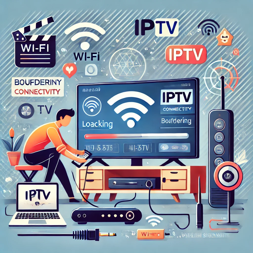 Troubleshooting IPTV issues, The image shows a person working on a smart TV with IPTV setup, checking cables and the router.