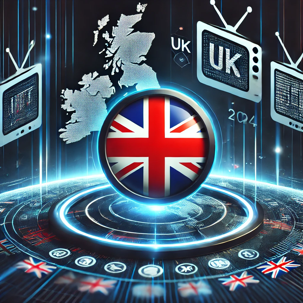 DALL·E 2024 09 21 22.26.04 An image representing Top 3 IPTV Providers in the UK for 2024. It should feature a modern sleek design with a UK flag or map in the background sym