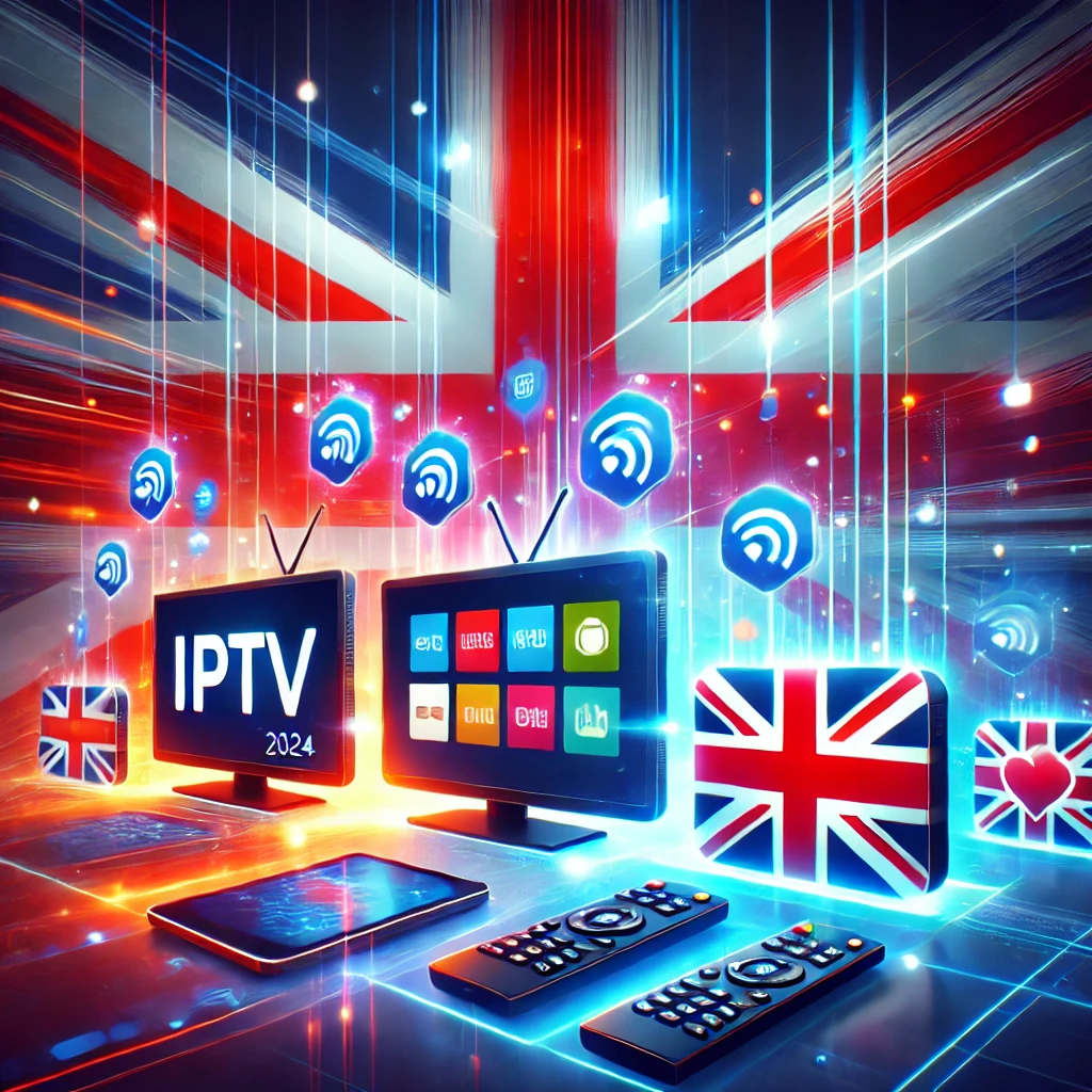 DALL·E 2024 09 21 22.26.33 A dynamic image for the article Top 3 IPTV Providers in the UK for 2024. It features a modern design with the UK flag subtly in the background. Thre